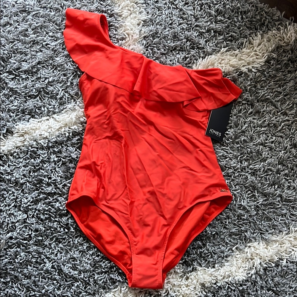 Jones New York Red Asymmetrical One Piece Swimsuit